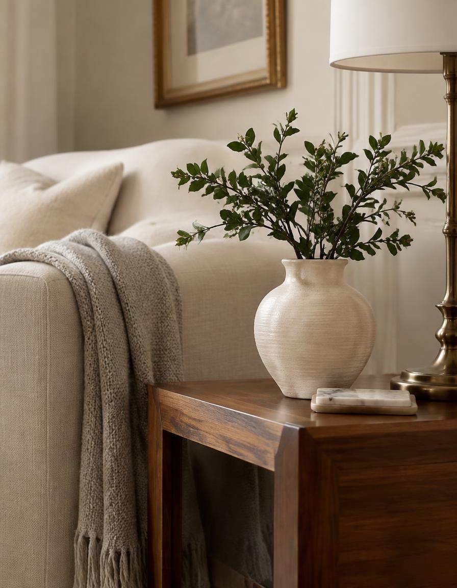 Walnut side table with ceramic vase and linen throw