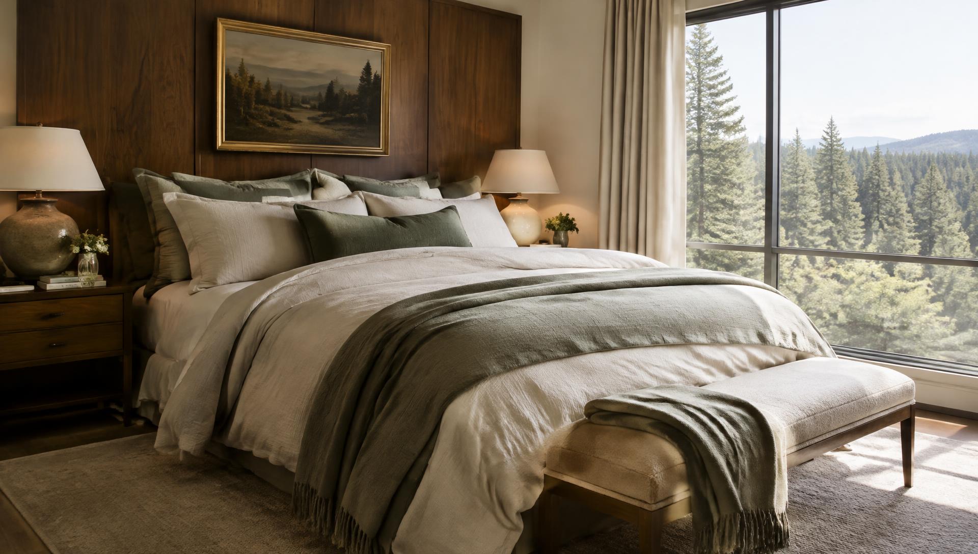 Cozy bedroom with layered linen bedding and evergreen forest view