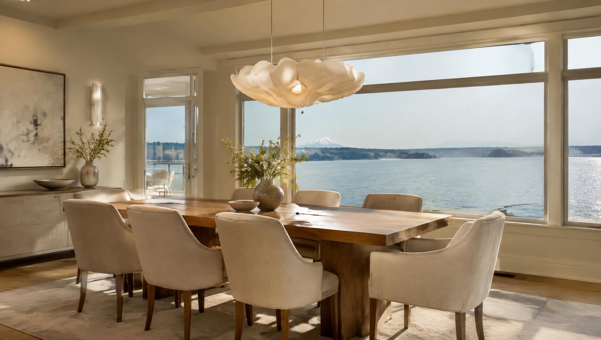 Dining room with wooden table and Puget Sound waterfront view