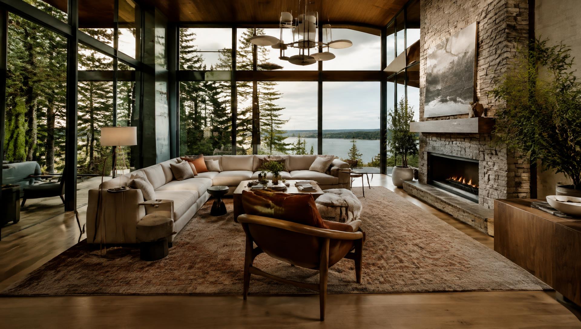 Luxury living room with floor-to-ceiling windows, cream sectional and stone fireplace