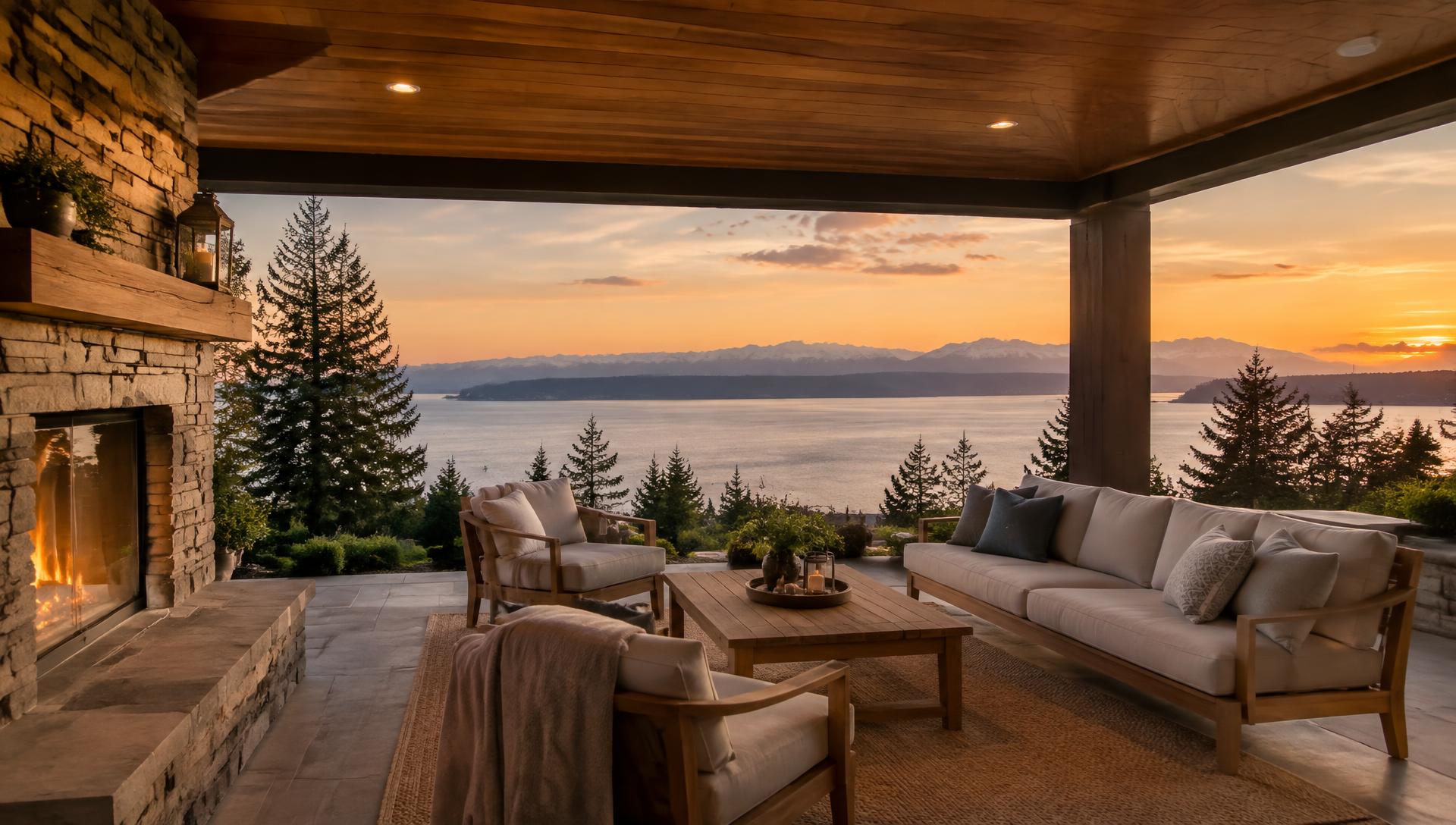Covered terrace with fireplace overlooking Puget Sound and the Olympic Mountains